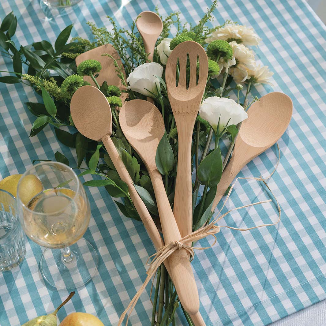 A collection of bamboo sustainable kitchen utensils