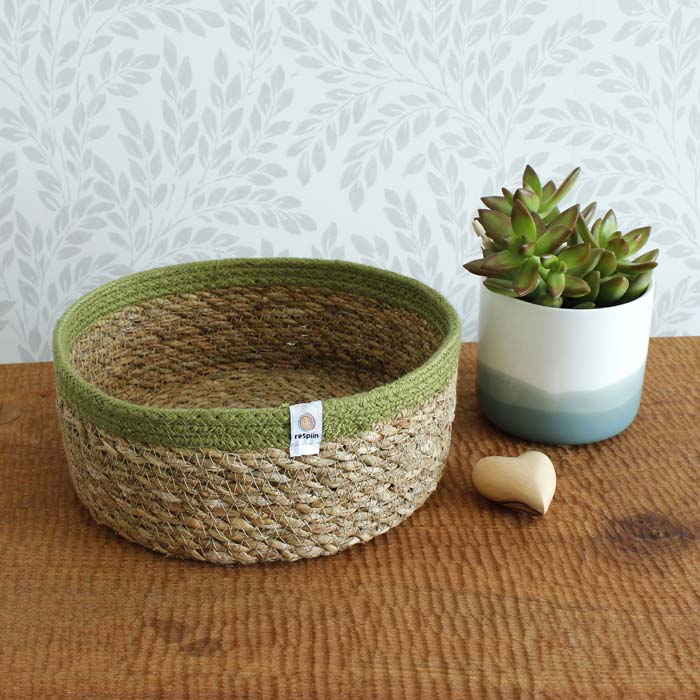 Shallow Seagrass & Jute Basket - Medium - Natural/Green