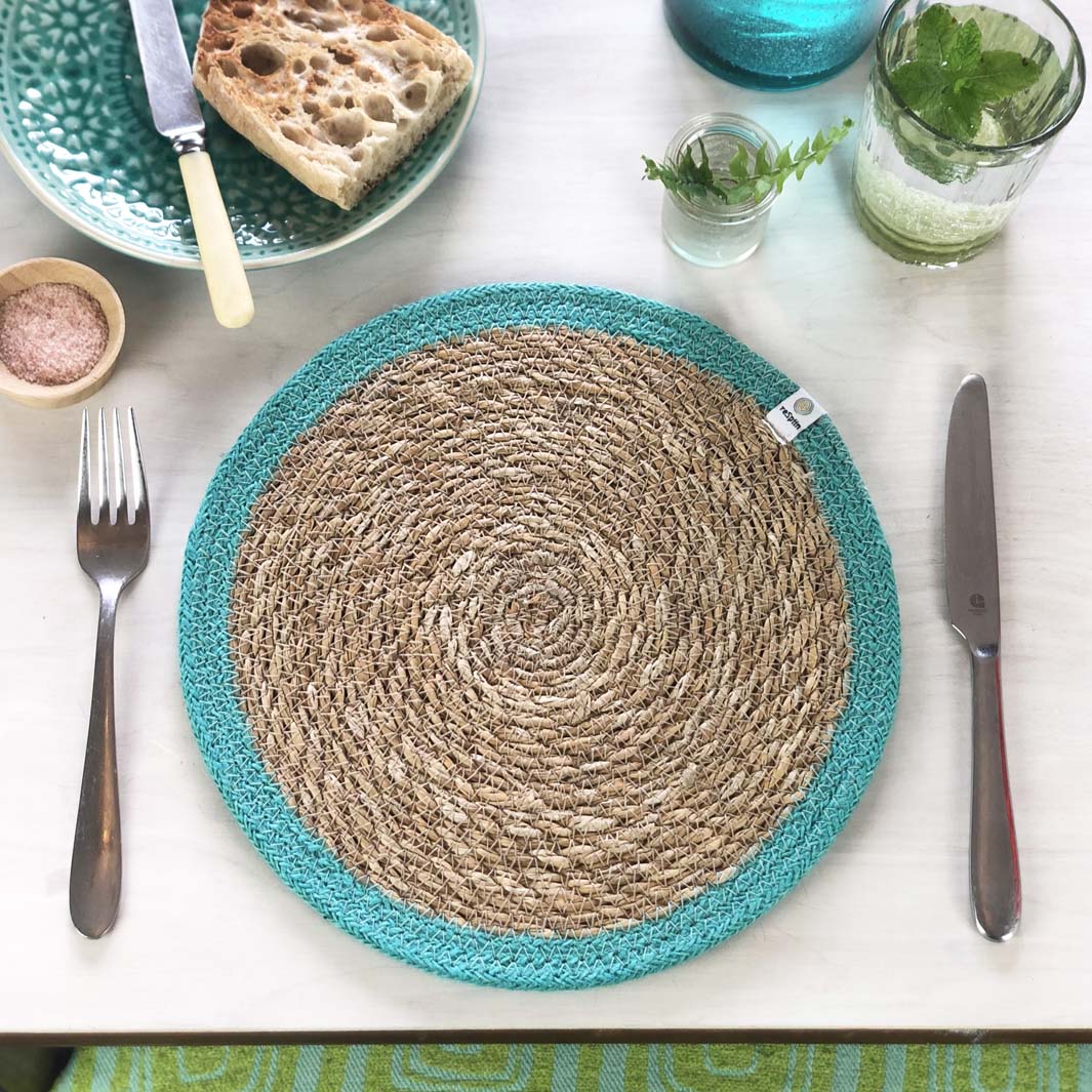 *NQP* Woven Seagrass + Jute Tablemat - NATURAL/TURQUOISE