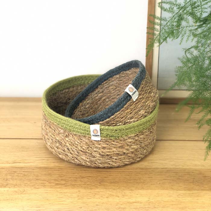 Shallow Seagrass & Jute Basket - Medium - Natural/Green