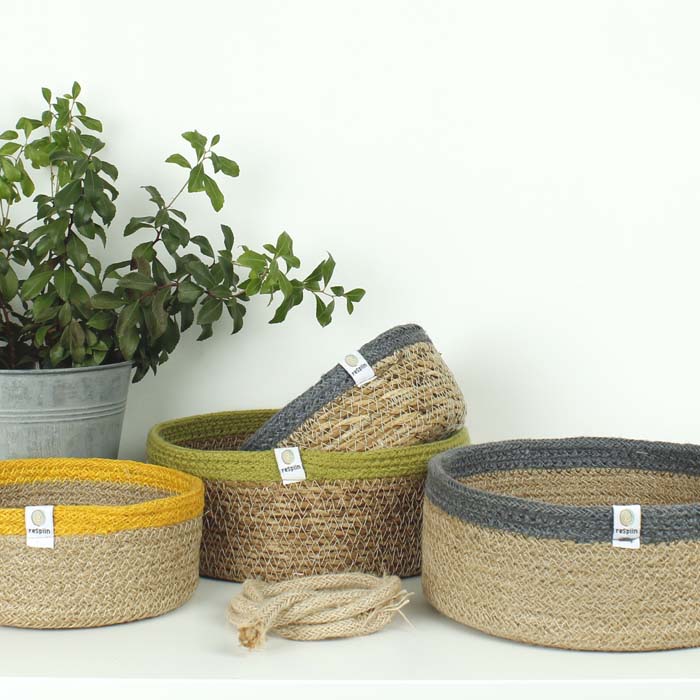 Shallow Seagrass & Jute Basket - Small - Natural/Grey